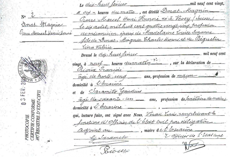 Acte de décès Marcel DONAT-MAGNIN